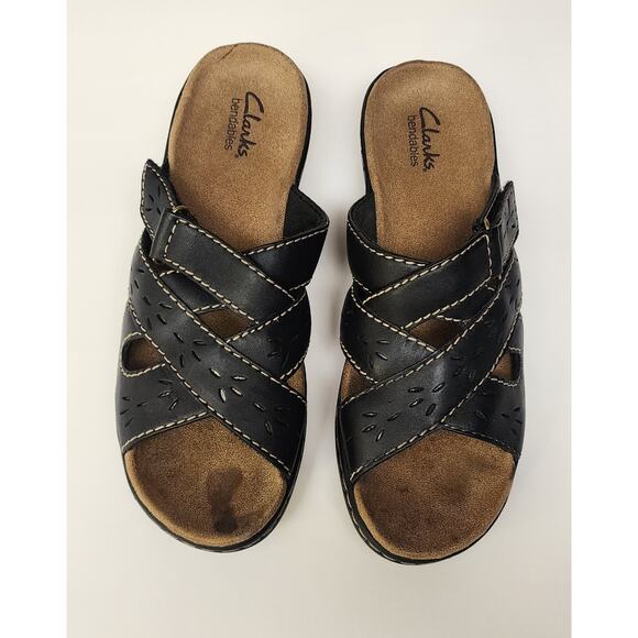 Clarks Bendables Wedge Open Toe Black Sandals Adjust Strap Leather Size 8.5M - Picture 1 of 8